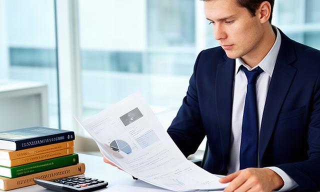 Finanšu speciālists gaišā birojā pie galda ar IFRS dokumentiem, kalkulatoru un profesionālām grāmatām